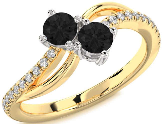 Black Diamond Gold Silver Round Two Stone Ring