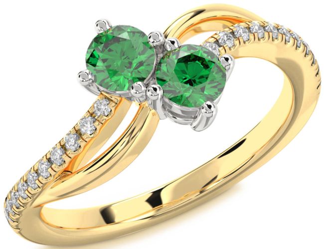 Diamond Emerald Gold Silver Round Two Stone Birthstone Ring