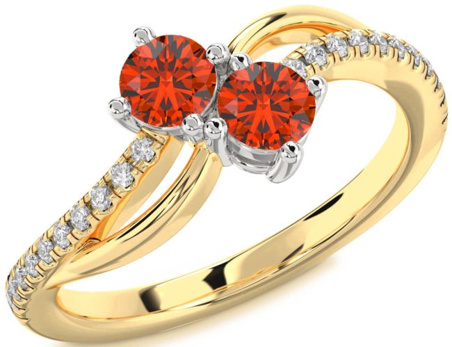 Diamond Fire Opal Gold Silver Round Two Stone Ring