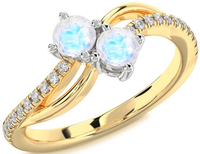 Diamond Moonstone Gold Silver Round Two Stone Ring