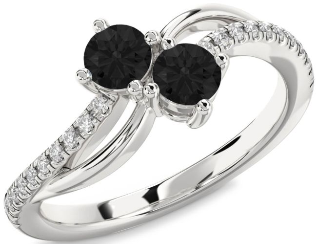 Black Diamond Silver Round Two Stone Ring