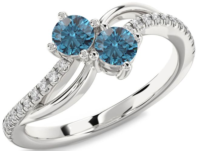 Blue Diamond Silver Round Two Stone Ring