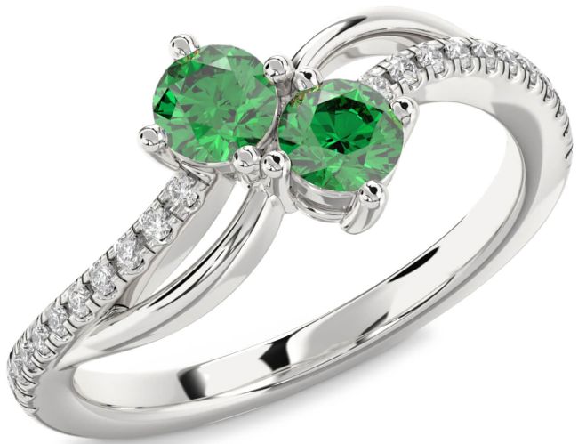 Diamond Emerald Silver Round Two Stone Birthstone Ring