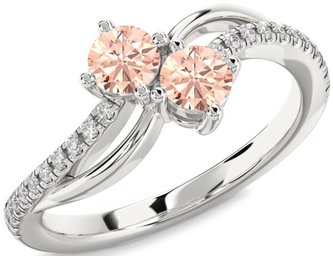 Diamond Morganite Silver Round Two Stone Ring