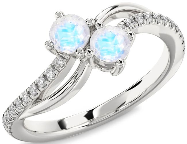 Diamond Moonstone Silver Round Two Stone Ring