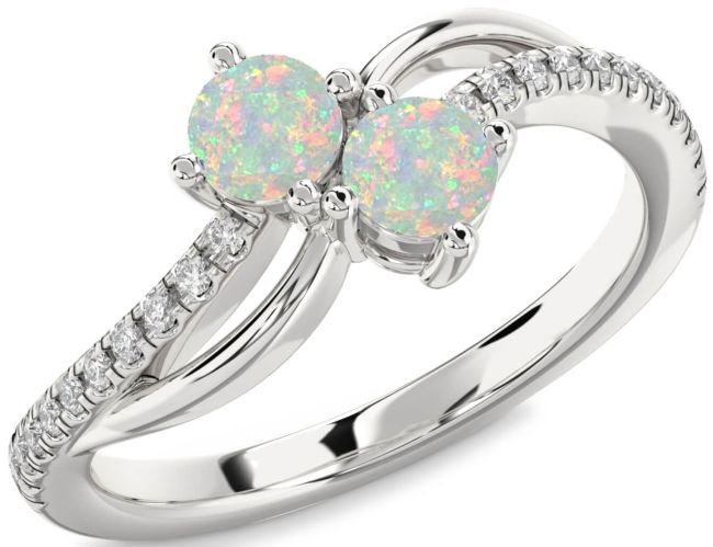 Diamond Opal Silver Round Two Stone Birthstone Ring