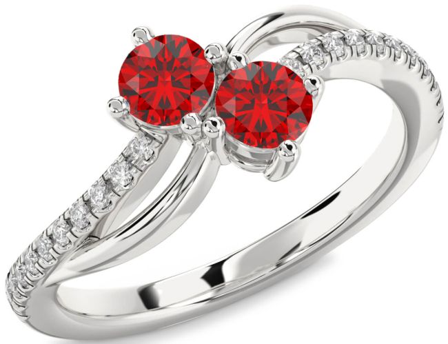 Diamond Ruby Silver Round Two Stone Birthstone Ring