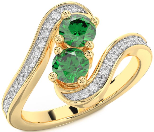 Diamond Emerald Gold Silver Round Two Stone Pave Birthstone Ring