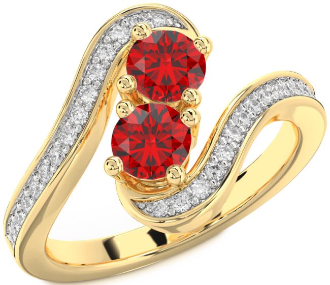 Diamond Ruby Gold Silver Round Two Stone Pave Birthstone Ring
