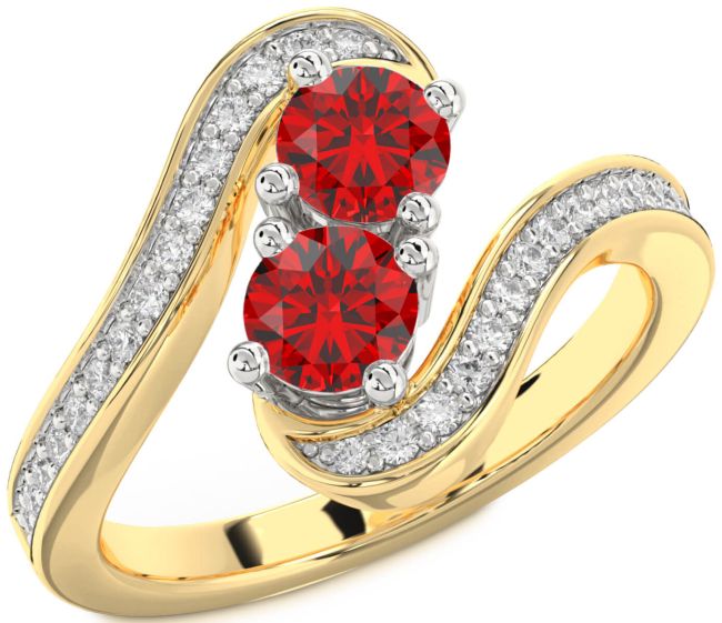 Diamond Ruby Gold Silver Round Two Stone Pave Birthstone Ring