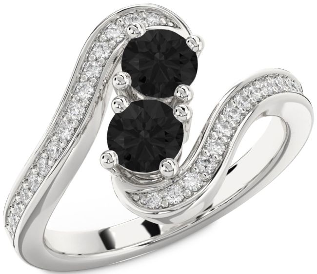 Black Diamond Silver Round Two Stone Pave Ring