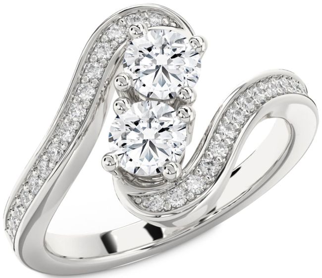 Diamond Silver Round Two Stone Pave Ring