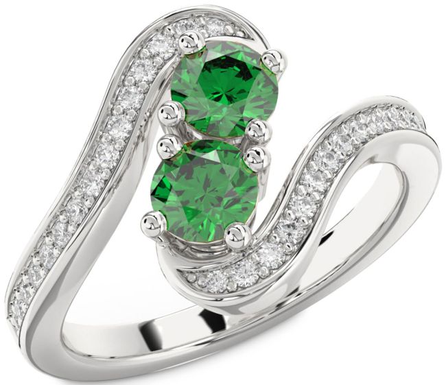 Diamond Emerald Silver Round Two Stone Pave Birthstone Ring