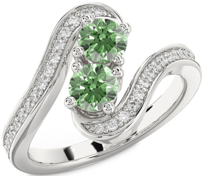 Green Diamond Silver Round Two Stone Pave Ring