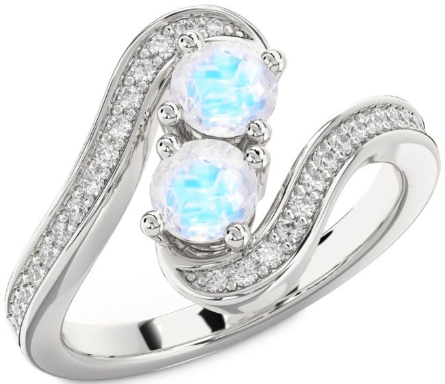 Diamond Moonstone Silver Round Two Stone Pave Ring