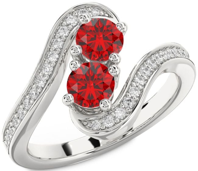 Diamond Ruby Silver Round Two Stone Pave Birthstone Ring