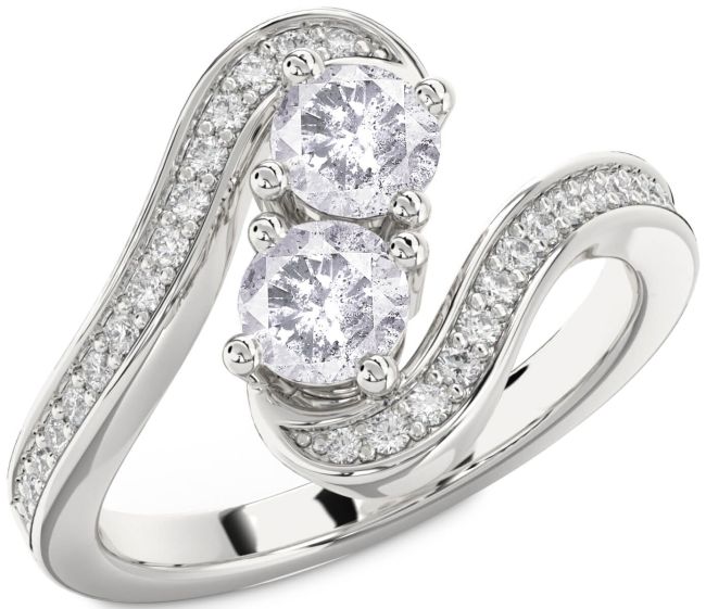 Salt & Pepper Diamond Silver Round Two Stone Pave Ring