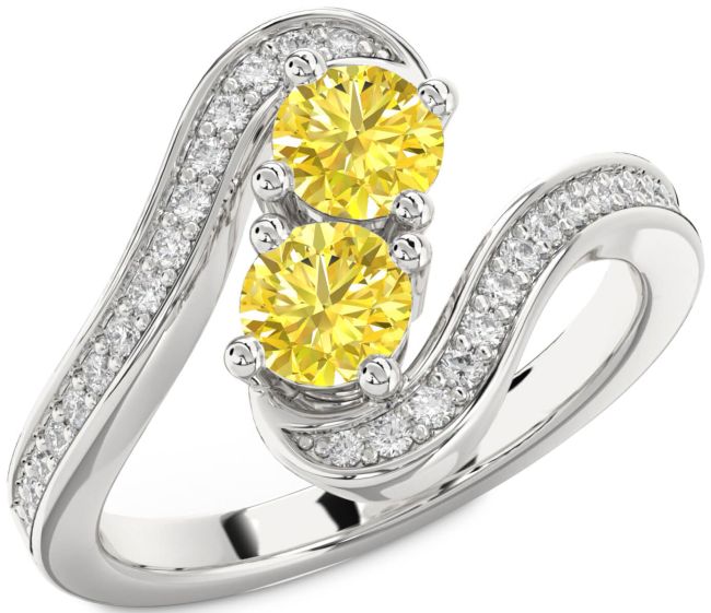 Yellow Diamond Silver Round Two Stone Pave Ring