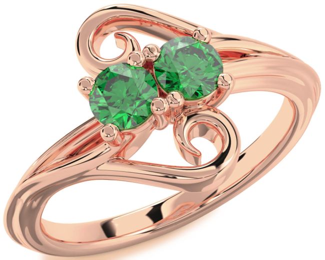Emerald Rose Gold Silver Round Two Stone Birthstone Ring