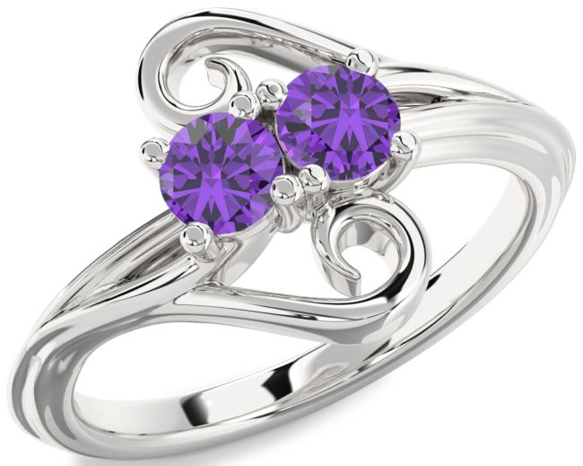 Amethyst Silver Round Two Stone Birthstone Ring