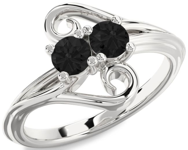 Black Diamond Silver Round Two Stone Ring