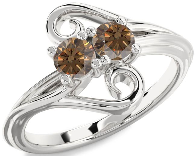 Chocolate Brown Diamond Silver Round Two Stone Ring