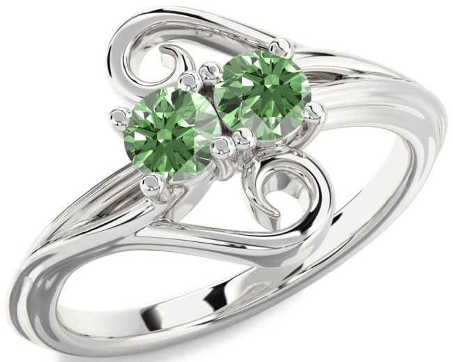 Green Diamond Silver Round Two Stone Ring