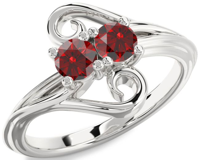 Garnet Silver Round Two Stone Birthstone Ring