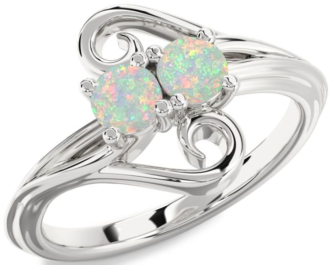Opal Silver Round Two Stone Birthstone Ring