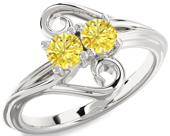 Yellow Diamond Silver Round Two Stone Ring