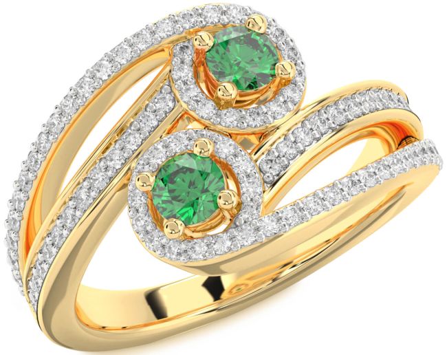 Diamond Emerald Gold Round Two Stone Pave Birthstone Ring