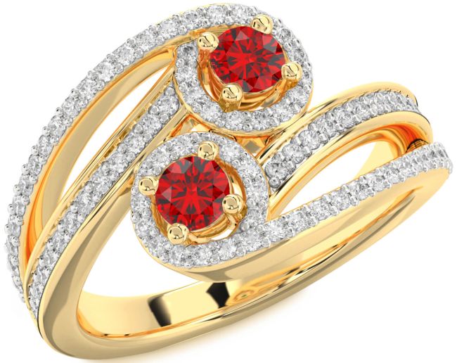 Diamond Ruby Gold Round Two Stone Pave Birthstone Ring