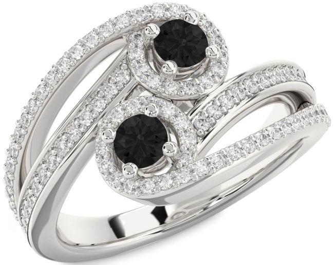 Black Diamond Silver Round Two Stone Pave Ring