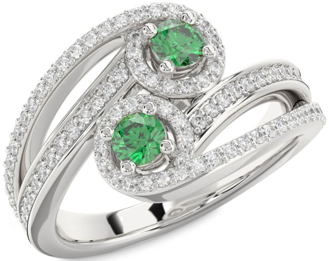 Diamond Emerald Silver Round Two Stone Pave Birthstone Ring