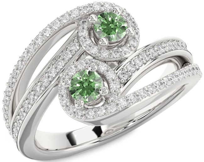 Green Diamond Silver Round Two Stone Pave Ring