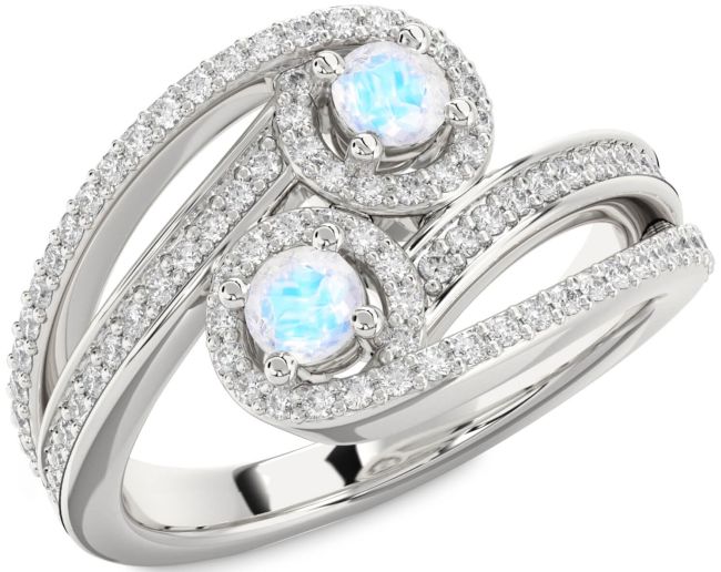 Diamond Moonstone Silver Round Two Stone Pave Ring