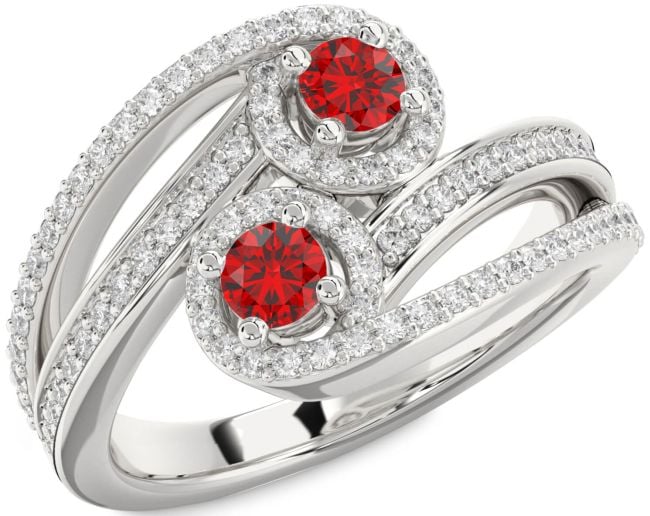 Diamond Ruby Silver Round Two Stone Pave Birthstone Ring