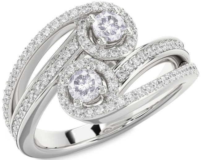 Salt & Pepper Diamond Silver Round Two Stone Pave Ring