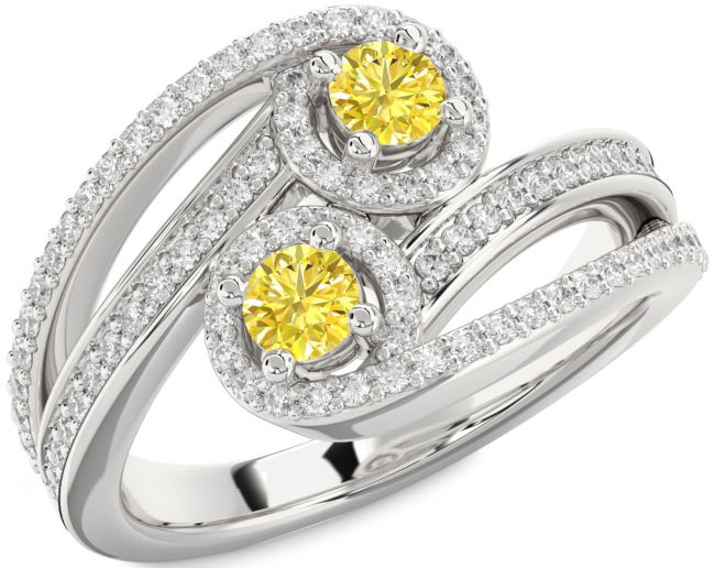 Yellow Diamond Silver Round Two Stone Pave Ring