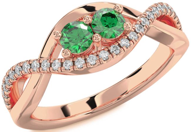 Diamond Emerald Rose Gold Infinity Round Two Stone Birthstone Ring