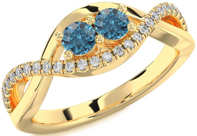 Blue Diamond Gold Silver Infinity Round Two Stone Ring