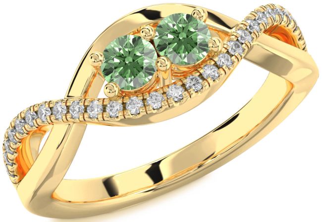 Green Diamond Gold Silver Infinity Round Two Stone Ring