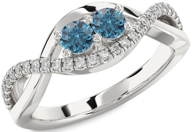 Blue Diamond Silver Infinity Round Two Stone Ring