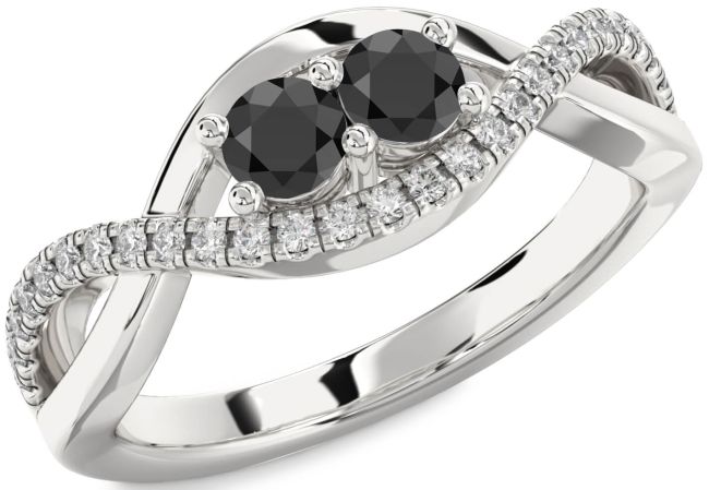 Diamond Black Onyx Silver Infinity Round Two Stone Ring