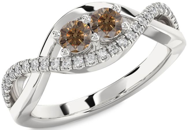 Chocolate Brown Diamond Silver Infinity Round Two Stone Ring