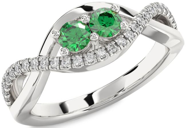 Diamond Emerald Silver Infinity Round Two Stone Birthstone Ring