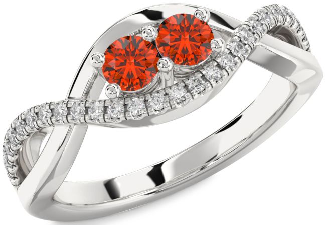 Diamond Fire Opal Silver Infinity Round Two Stone Ring