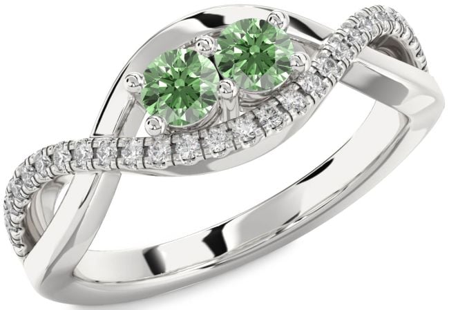 Green Diamond Silver Infinity Round Two Stone Ring