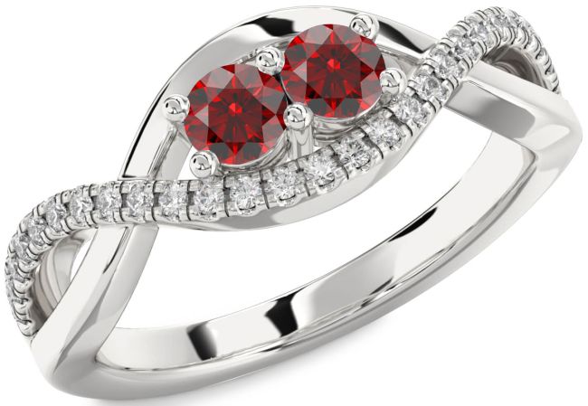 Diamond Garnet Silver Infinity Round Two Stone Birthstone Ring