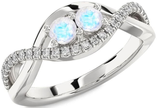 Diamond Moonstone Silver Infinity Round Two Stone Ring